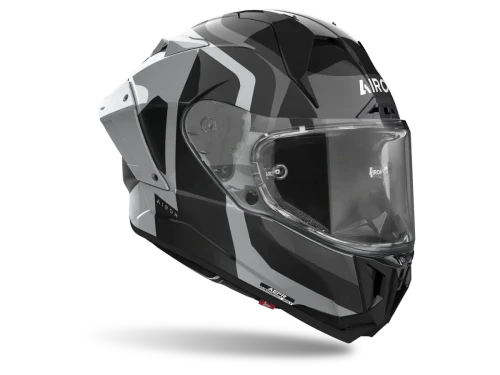 Side view of the gray-gloss Airoh GP800 Competition helmet showcasing its lightweight carbon-fiber shell, racing visor and premium finish.