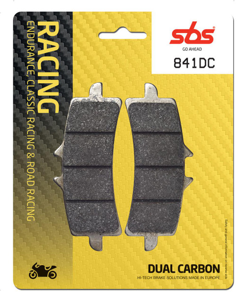 SBS Dual Carbon "Racing" Brake Pads 841 DC - Front
Fitment
OEM Brembo M4, M50, GP4-RS, Stylema, GP4-RX, GP4-MS
Aprilia RSV4 1000 ABS (2009-2014)
Aprilia RSV4 1000 Factory (2009-2011)
Aprilia RSV4 1000 Factory APRC ABS (2014-2016)
Aprilia RSV4 1100 (non-Factory) (2019-2024)
Aprilia RSV4 1100 Factory (2019-2024)
Ducati 848 EVO (2011-2012)
Ducati 1098 (2007-2010)
Ducati 1098/S Streetfighter (2009-2014)
Ducati 1198 S/SP (2009-2013)
Ducati Streetfighter V2 (2025)
Ducati Hypermotard 1100/SP/EVO (2007-2013)
Ducati Panigale 1199 (2012-2015)
Ducati Panigale 1299 (2015+)
Ducati Panigale V2 (2025)
Ducati Panigale V4 (2018-2024)
Ducati Panigale V4 S (2018-2024)
Ducati Panigale V4 R (2019+)
Ducati Monster V2
Honda CBR 1000 RR-R Fireblade SP/SP2 (2023+) (Brembo)
Kawasaki Ninja H2 (2015+)
Kawasaki Ninja ZX-10R (2016+)
Kawasaki ZH2 SE 1000 (2021+)
KTM Duke 690/R (2014-2017)
KTM RC8 1190 (2008-2015)
KTM RC8 C 890
KTM SuperDuke 1290/R (2014+)
MV Agusta F4 (2012+)
MV Agusta F4 (2008-2011)
Suzuki GSX-R 600 / 750 (2011+)
Suzuki GSX-R 1000 (2012+)
Suzuki GSX-R 1000 R (17-19)
Suzuki Hayabusa (2013+)
Yamaha R1 (2025+)
Yamaha R9 (2025+)
Equivalent to Galfer 373
Equivalent to Vesrah VD-9031
Equivalent to EBC FA447
Same as WRP 7441 F1R