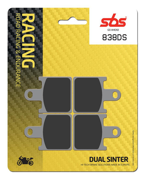 SBS Dual Sinter "Racing" Brake Pads 838 DS / DS1 - Front 
Fitment
Kawasaki Ninja ZX-6R (2007-2012)
Kawasaki Z 1000 (2007-2009)
Kawasaki ZX-14 (2006+)
Equivalent to Galfer 371
Equivalent to Vesrah VD-444
Equivalent to EBC FA417 SBS Dual Sinter "Racing" Brake Pads 838 DS / DS1 - Front 
Fitment
Kawasaki Ninja ZX-6R (2007-2012)
Kawasaki Z 1000 (2007-2009)
Kawasaki ZX-14 (2006+)
Equivalent to Galfer 371
Equivalent to Vesrah VD-444
Equivalent to EBC FA417