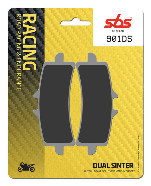 SBS Dual Sinter "Racing" Brake Pads 901 DS / DS1
Fitment
Aprilia RSV4 RF/RF/RR (2015+)
Aprilia Tuono 1100 V4 (17+)
BMW S1000RR (HP4 ONLY) (2012-2014)
Ducati Diavel / X-Diavel (2011+)
Ducati Monster 937 SP (does not fit non-SP)
Fits Honda CBR 1000 RR SP/SP2 (2014+) (Brembo)
Fits Honda CBR 1000 RR-R Fireblade SP/SP2 (2021-2022) (Brembo)
KTM Duke 890
MV Agusta 675 F3 (2015-2017)
MV Agusta 800 F3 (2014-2017)
Triumph Daytona 675R (2011+)
Triumph Street Triple 765RS (2017+) (does not fit S or R) 
Triumph Daytona 765 Moto2
Triumph Speed Triple 1050 (2012+)
Same as WRP 7501 F9R
Equivalent to Vesrah VD-9031