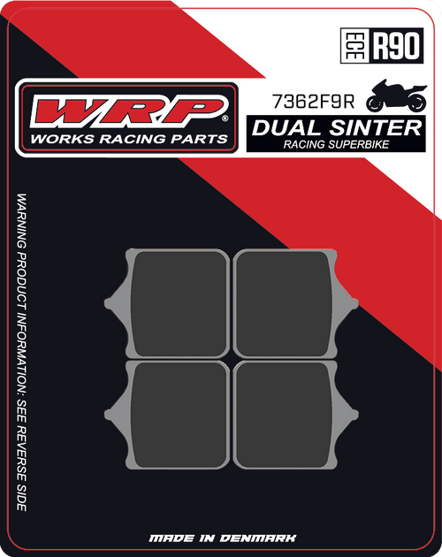 WRP Brake Pads Dual Sinter DS Racing Superbike 7362 F9R
Fitment
Same as SBS 762 DS-1 / DS1
Aprilia RSV 1000 Mille/R/Pista/Nera (2001-2007)
Ducati 748 S/R (2001-2002)
Ducati 749 S/R (2003-2007)
Ducati 996 R (2001+)
Ducati 998 R (2002+)
Ducati 999 S/R (2003-2007)
Husqvarna 701 Supermoto
KTM 690 SMC R (All Years)
MV Agusta F4 R 1000 (2006-2007)
Discacciati FDRT100 Radial 4-Piston Calipers (100MM)
Discacciati FDRT108 Radial 4-Piston Calipers (108MM)
Equivalent to Galfer 262
Equivalent to Vesrah VD-986
Equivalent to EBC FA322