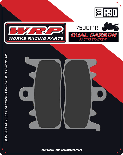 WRP Brake Pads Dual Carbon Racing / Trackday 7500 F1R
Fitment
Same as SBS 900 DS-1 / DS1
Aprilia Tuono V4/R (2014-2016)
Aprilia RS660
BMW rNineT (2014+)
Ducati Monster 797 (2017+)
Ducati Monster 937 (non-SP)
Ducati Hypermotard 800/SP (2013+)
Ducati Scrambler 800 (2015+)
Ducati Monster 821 (2014+)
Ducati Hypermotard 939/SP (2016+)
Ducati Hypermotard 950/SP
Ducati Supersport 939 (2017+)
Ducati 899 Panigale (2014-2015)
Ducati 959 Panigale (2016+)
Ducati V2 Panigale (2020-2024)
Ducati Scrambler 1100 (2018+)
Ducati Monster 1200 (2014+)
Kawasaki ZH2 1000 (2020+)
MV Agusta 800 Rivale / Stradale (2013+)
Triumph Street Triple 765R (2017+) (does not fit S or RS) 
Equivalent to Galfer 475
Equivalent to Vesrah VD-9070
Equivalent to EBC FA630