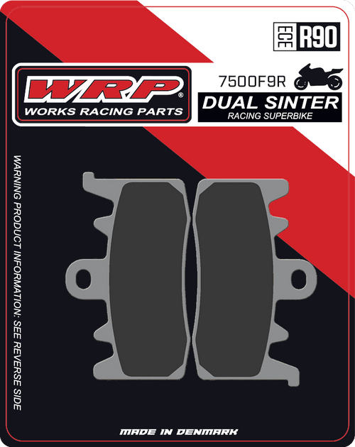 WRP Brake Pads Dual Sinter DS Racing Superbike 7500 F9R
Fitment
Same as SBS 900 DS-1 / DS1
Aprilia Tuono V4/R (2014-2016)
Aprilia RS660
BMW rNineT (2014+)
Ducati Monster 797 (2017+)
Ducati Monster 937 (non-SP)
Ducati Hypermotard 800/SP (2013+)
Ducati Scrambler 800 (2015+)
Ducati Monster 821 (2014+)
Ducati Hypermotard 939/SP (2016+)
Ducati Hypermotard 950/SP
Ducati Supersport 939 (2017+)
Ducati 899 Panigale (2014-2015)
Ducati 959 Panigale (2016+)
Ducati V2 Panigale (2020-2024)
Ducati Scrambler 1100 (2018+)
Ducati Monster 1200 (2014+)
Ducati Multistrada V4 (Base)
Harley Davidson Pan America /Special /CVO
Harley Davidson Sportster S
Kawasaki ZH2 1000 (2020+)
MV Agusta 800 Rivale / Stradale (2013+)
Triumph Street Triple 765R (2017+) (does not fit S or RS) 
Equivalent to Galfer 475
Equivalent to Vesrah VD-9070
Equivalent to EBC FA630
