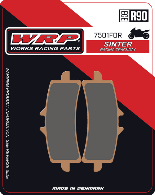 WRP Brake Pads Sinter Racing / Trackday 7501 F0R
Fitment
Same as SBS 901 RST / RS
Aprilia RSV4 RF/RF/RR (2015+)
Aprilia Tuono 1100 V4 (17+)
BMW S1000RR (HP4 ONLY) (2012-2014)
Ducati Diavel / X-Diavel (2011+)
Ducati Monster 937 SP (does not fit non-SP)
Honda CBR 1000 RR SP/SP2 (2014+) (Brembo)
Honda CBR 1000 RR-R Fireblade SP/SP2 (2021-2022) (Brembo)
KTM Duke 890
MV Agusta 675 F3 (2015-2017)
MV Agusta 800 F3 (2014-2017)
Triumph Daytona 675R (2011+)
Triumph Street Triple 765RS (2017+) (does not fit S or R) 
Triumph Daytona 765 Moto2
Triumph Speed Triple 1050 (2012+)
Equivalent to Vesrah VD-9031