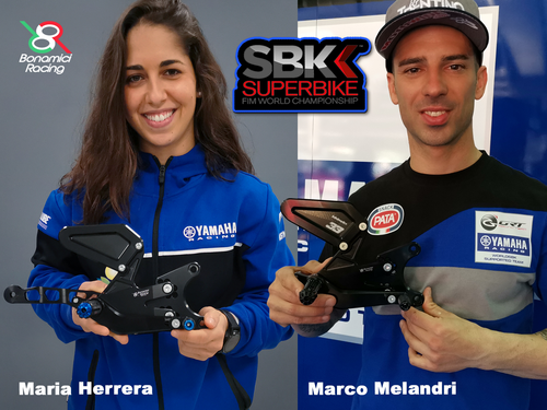 FIM Superbike World Championship riders Maria Herrera and Marco Melandri showing off the Bonamici Racing rearsets they're using this season.