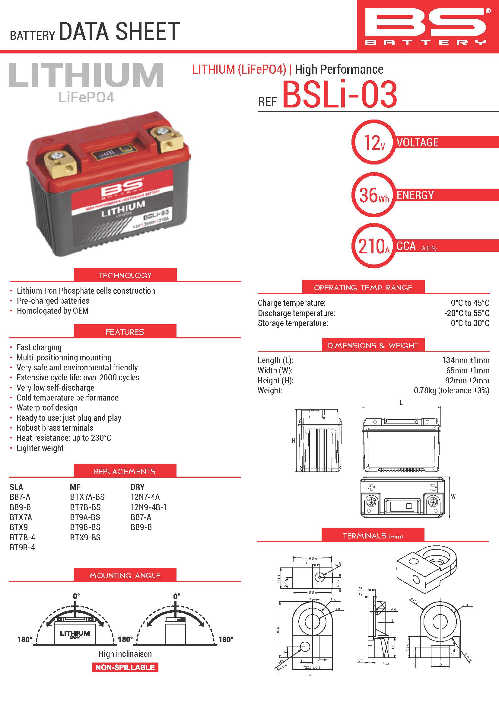 BS Battery Spec Sheet | BSLi-03 Lightweight Motorcycle Race Battery: MOTO-D Racing