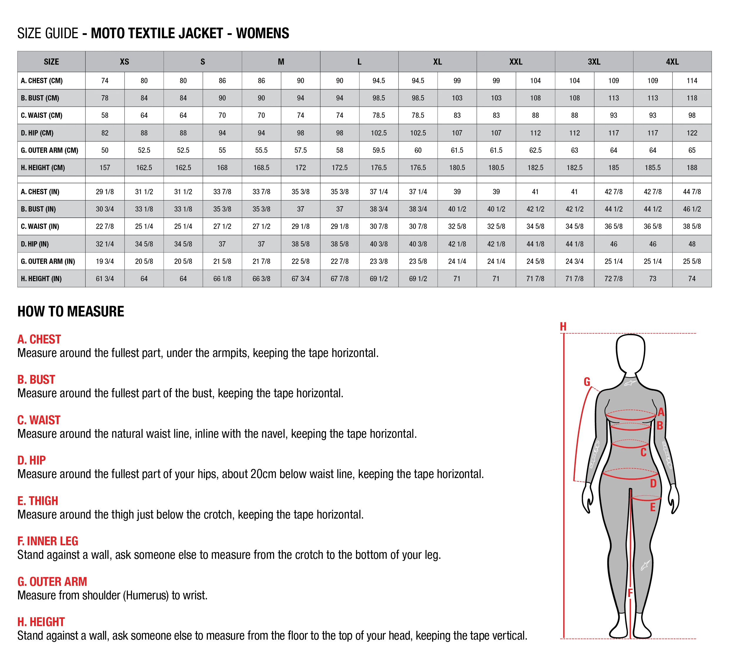MOTO-D Racing: Alpinestars Stell Jacket Size Guide