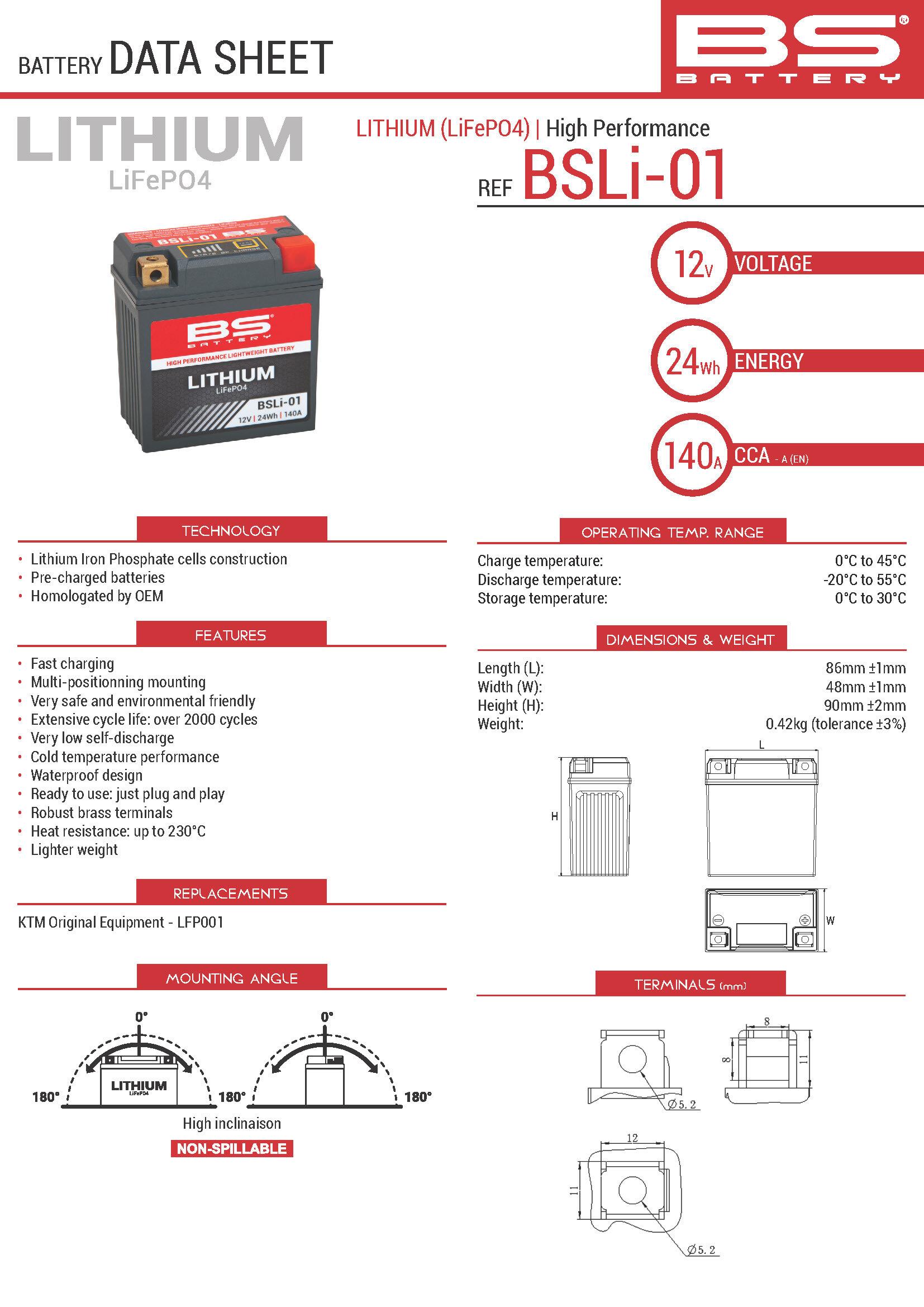 BS Battery Spec Sheet | BSLi-01 Lightweight Motorcycle Race Battery: MOTO-D Racing
