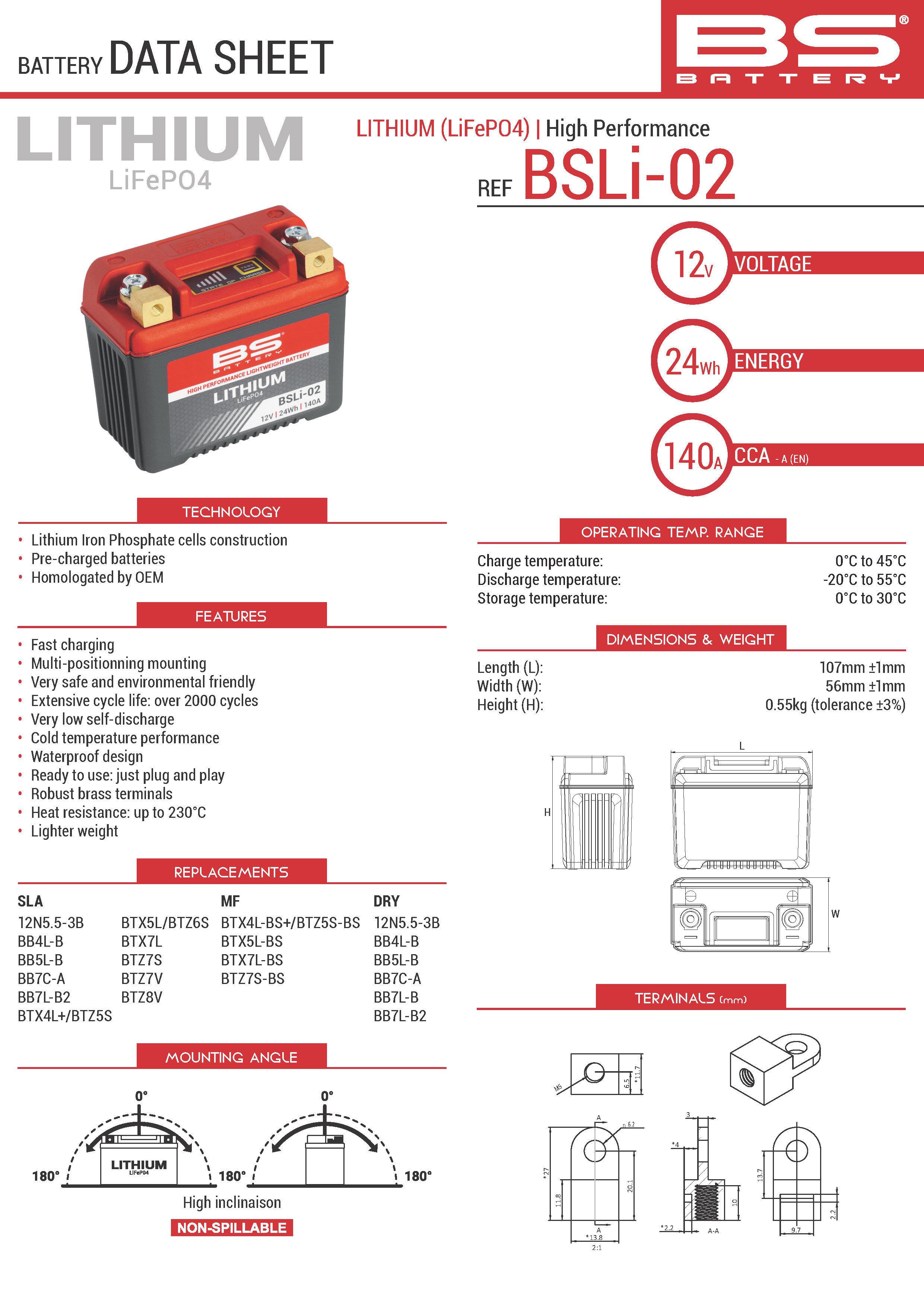 BS Battery Spec Sheet | BSLi-02 Lightweight Motorcycle Race Battery: MOTO-D Racing
