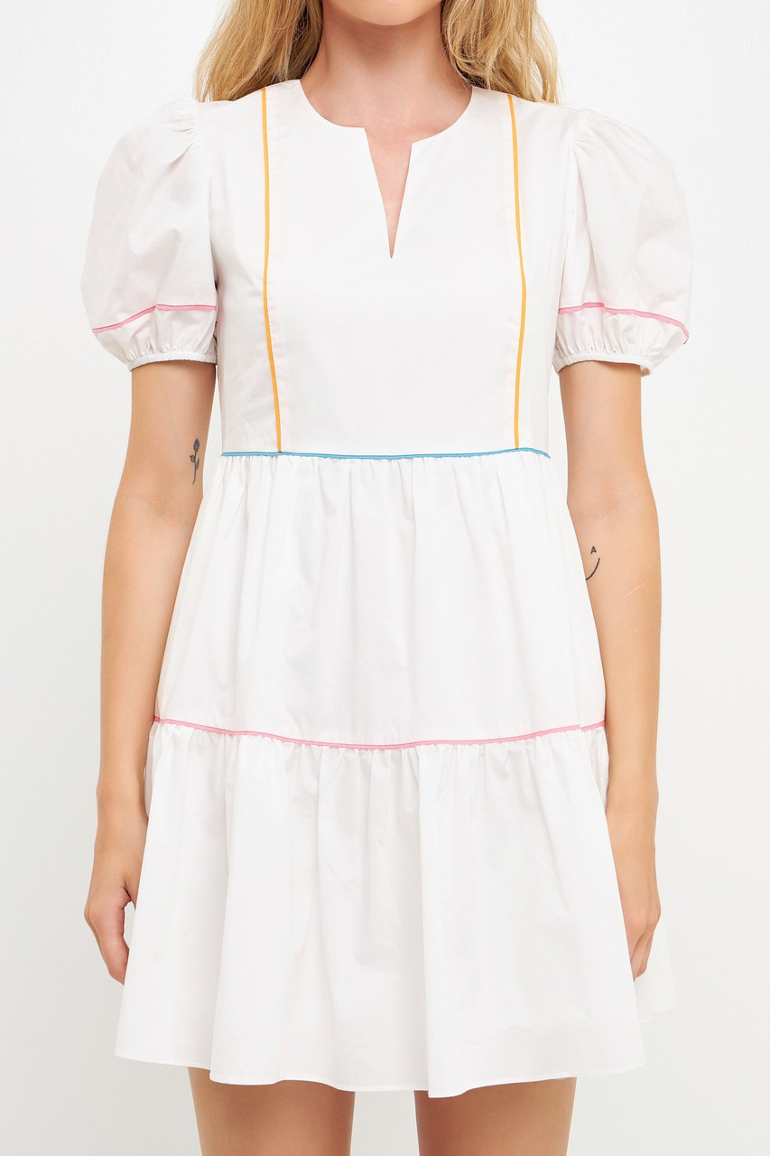 Rainbow Piping Puff Sleeve Tiered Dress- White