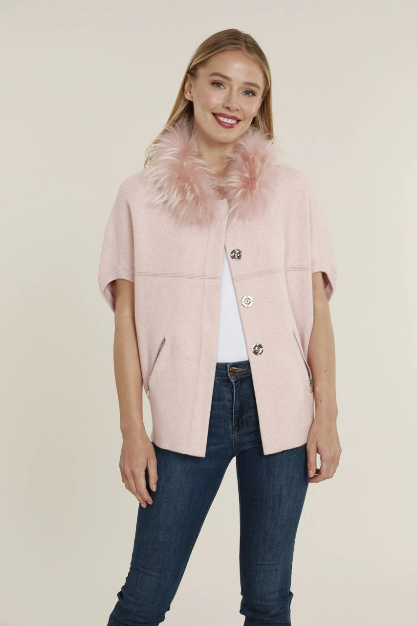 Short Sleeve Cardigan with Natural Fur Collar- Blush