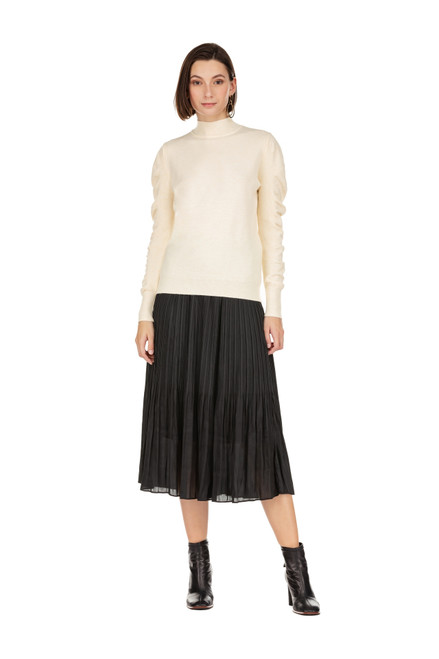 Mock Neck Ruched Puff Sleeve Sweater- Ivory 