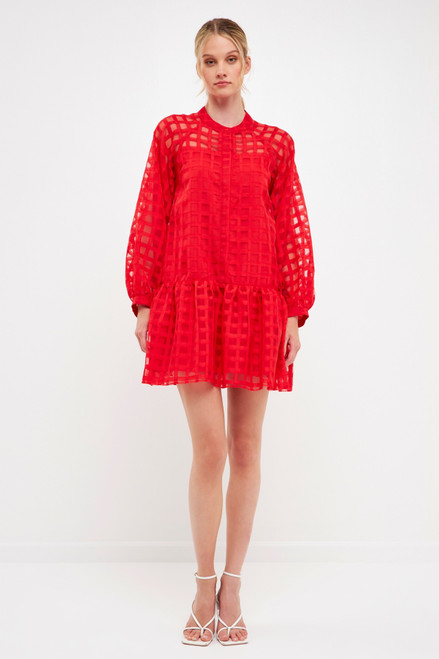 Check Organza Buttoned Long Sleeve Mini Dress- Red 
