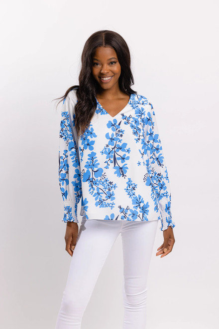 Long Sleeve V-Neck Top- Blue Vines