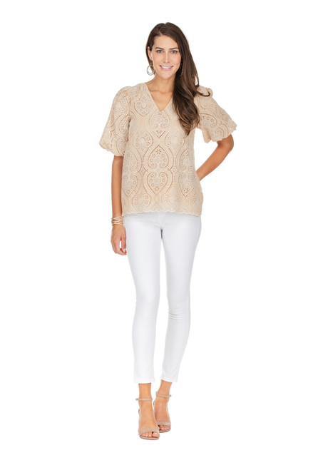 Puff Sleeve V-Neck Top- Khaki Heart Lace Embroidered
