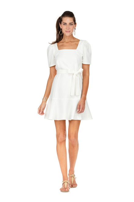 Flounce Hem Square Neck Dress- White