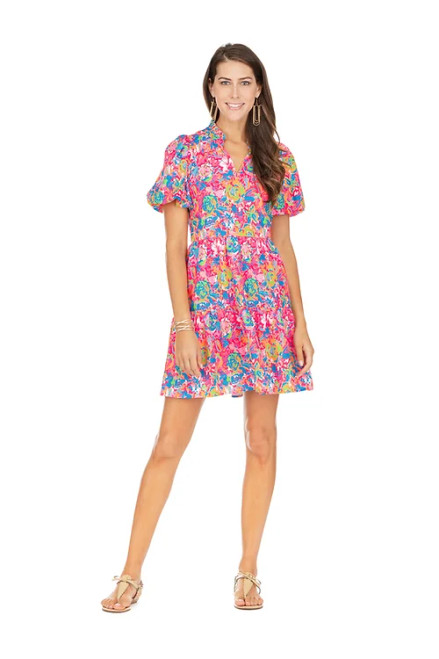 Ruffle V-Neck Puff Sleeve Tiered Dress- Floral Splash 