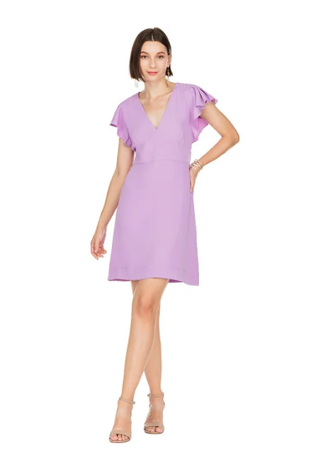 V-Neck Pleat Sleeve Dress- Lavender 