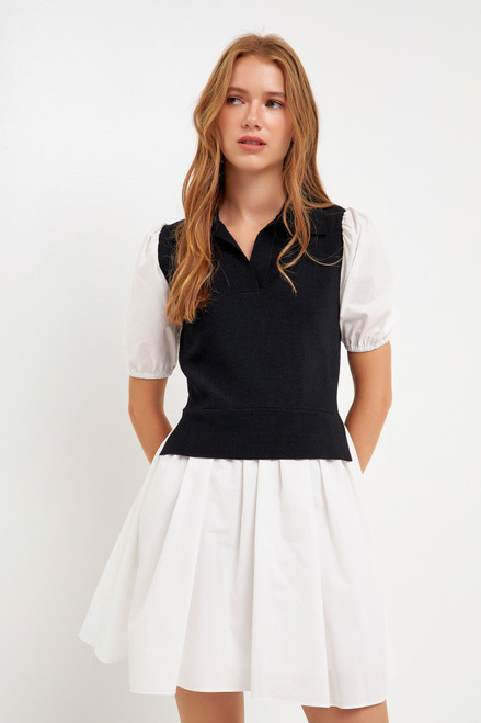 Knit Collared Poplin Mini Dress- Black/Ivory