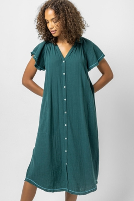 Short Sleeve Gauze Maxi Buttondown Dress- Sea Moss