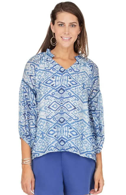 Lantern Sleeve Top- Blue Ikat 