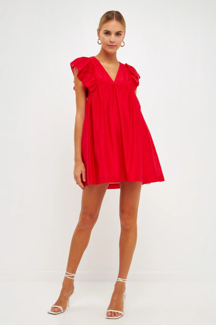 Ruffled V-Neck Mini Flounce Dress- Red