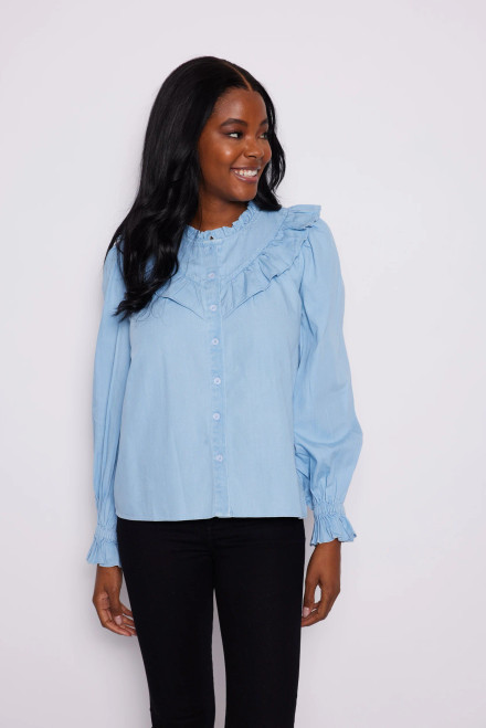 Long Sleeve Ruffle Bib Blouse- Light Chambray