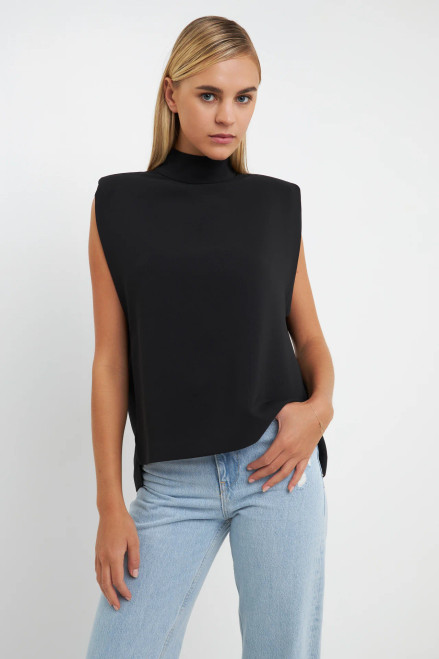 Mock Neck Shoulder Pad Top- Black