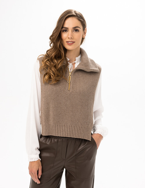 Cropped Zipper Sweater Vest- Heathered Brown Sugar