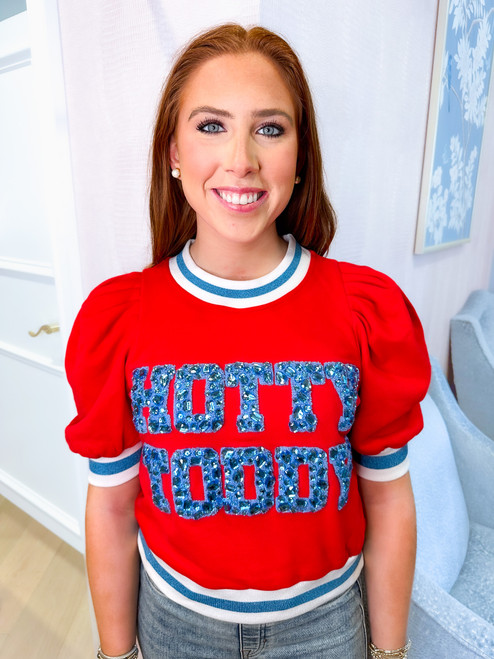 “Hotty Toddy” Red & Powder Blue Puff Sleeve Top