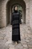 Graphite Gray Long-Sleeved Abaya Dress with Subtle Stripe Detailing 
