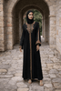  Black Long-Sleeved Abaya Dress with Intricate Maroon and Gold Embroidery 