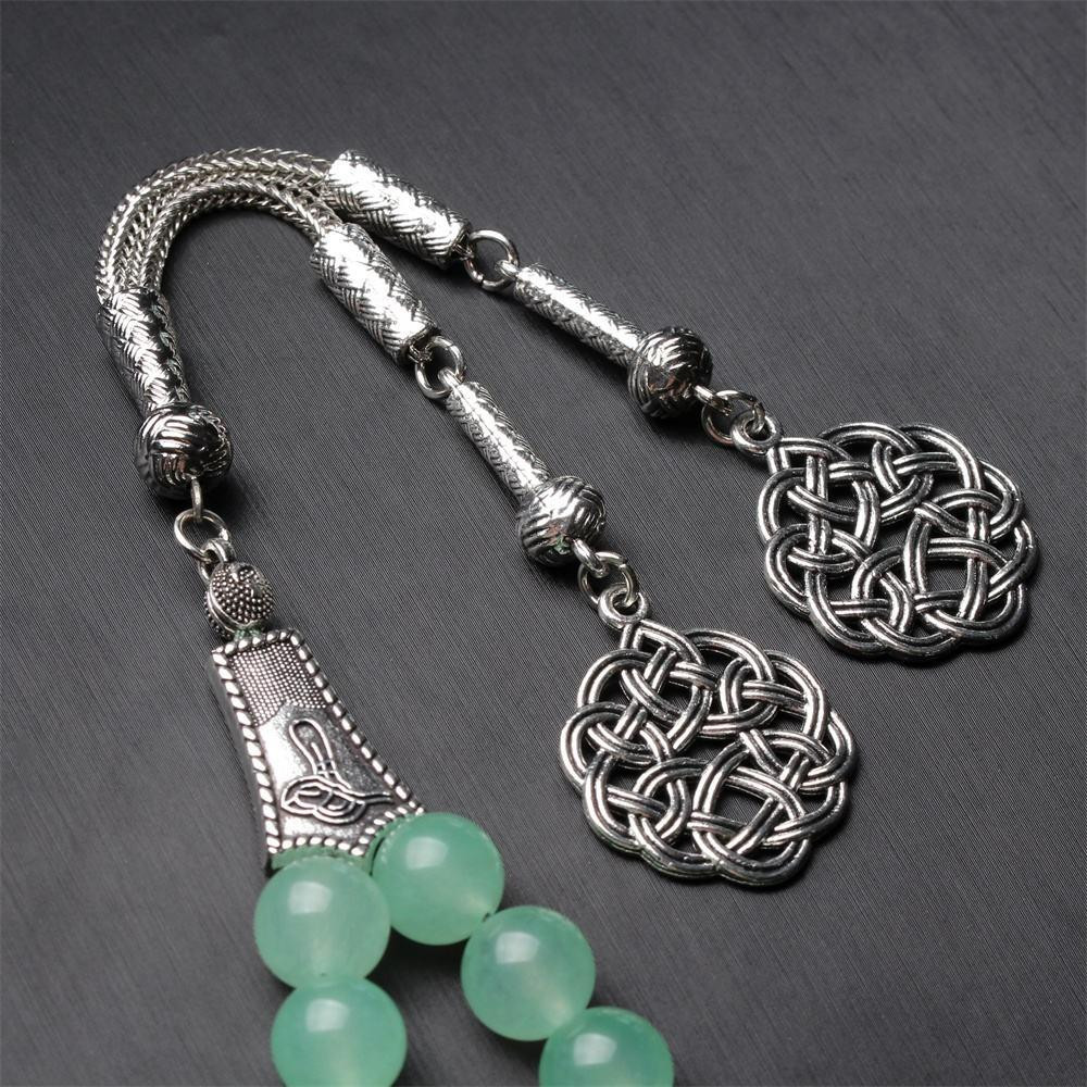 Stone Tasbih Siver Tassel Green Jade and Silver