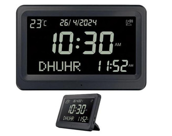  Athan Prayer Clock with Dual Calendar Display – Digital LCD, 8 Sounds, Prayer Alarms for 6000 Cities, Battery-Powered 