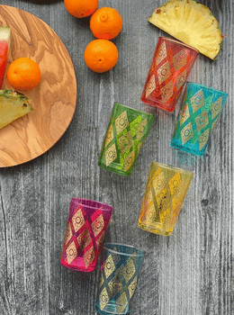Scents and Feel Set of 6 Hand-Painted Moroccan Tea Glasses – Assorted Colors, Losanges Pattern 