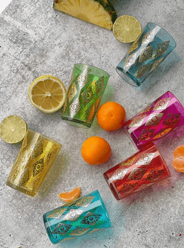 Scents and Feel Set of 6 Hand-Painted Moroccan Tea Glasses – Assorted Colors, Losanges Pattern 