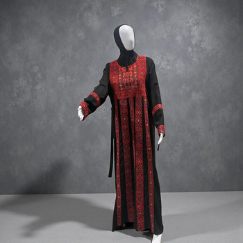  Palestinian Thobe Dress – Traditional Red & Black Embroidered Maxi 