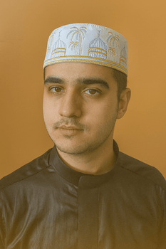  White Kufi Cap with Blue & Gold Embroidery – Dome and Palm Tree Design 