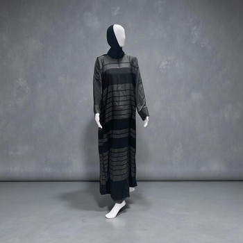  Graphite Gray Long-Sleeved Abaya Dress with Subtle Stripe Detailing 