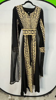  Black Formal Kaftan/Thobe with Golden Embellished Detailing and Sheer Flared Chiffon Sleeves 
