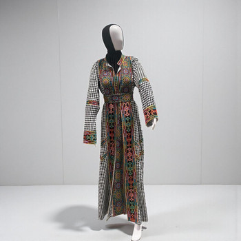  Houndstooth Kaftan with Bold Multicolor Embroidery 