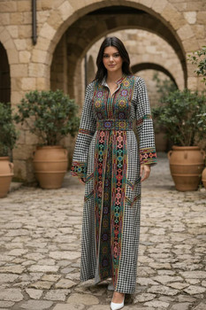  Houndstooth Kaftan with Bold Multicolor Embroidery 