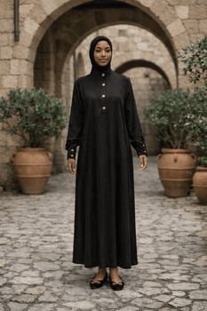  Elegant Black Cuffed Abaya Dress - Size L 