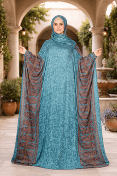  Teal Textured-Pattern Kaftan with Paisley Printed Panels 