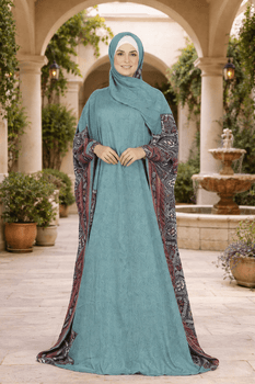  Teal Textured-Printed Kaftan with Geometric Printed Side Panels 