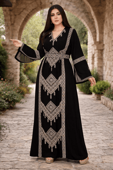  Elegant Palestinian Embroidered Thobe/Kaftan Hybrid dress with Classic Geometric print on Black 