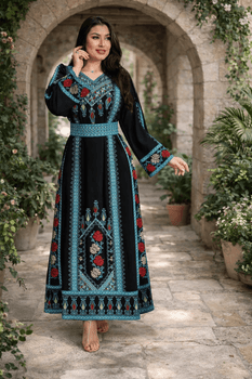  Midnight Black Embroidered Dress with Signature Turquoise Blue Detailing 