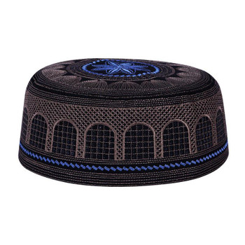  Muslim Men’s Embroidered Black Prayer Hat – Elegant Kufi Cap with Intricate Islamic Design 