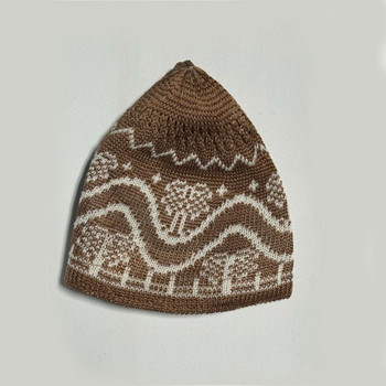 Cotton Crochet Men's Turkish Kufi Cap – Elegant Brown & White Muslim Prayer Hat (Large) 