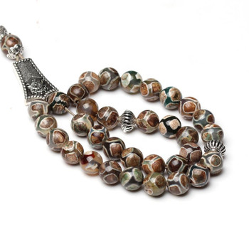 Agate tasbih prayer beads in brown and light green with silver tassel